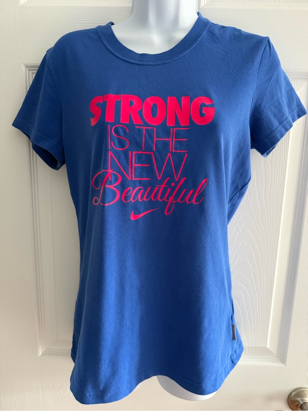 Nike Blue Short-Sleeve Tee with Pink Motivational Graphic - Dri-Fit